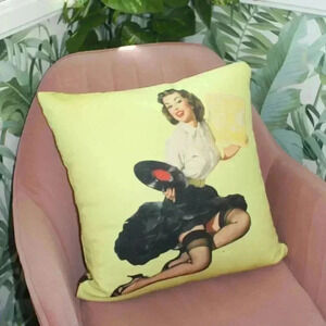 Vtg Inspired Pin Up Risque Girl Playing Vinyl Records Decorative Throw Pillow